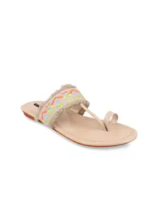 Shoetopia Women Cream-Coloured Woven Design One Toe Flats