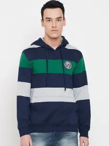 Austin wood Men Blue & Green Striped Hooded Sweatshirt