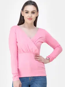 Cation Women Pink Solid Wrap Pure Cotton Top