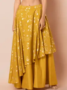 INDYA Women Mustard Yellow & Gold-Toned Printed A-Line Layered Maxi Skirt