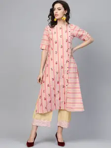 Indo Era Women Pink & Yellow Striped Straight Kurta