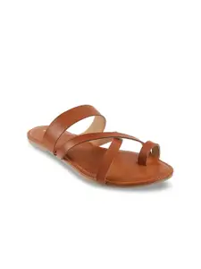 Mochi Women Tan Brown Solid One Toe Flats