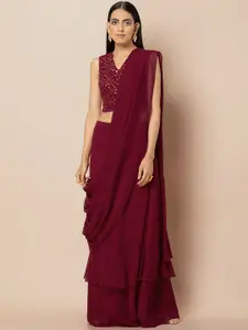 INDYA Women Maroon Ruffle Skirt with Attached Dupatta