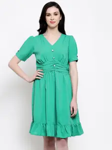 Karmic Vision Women Green Solid Fit and Flare Dress