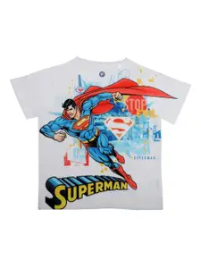 YK Justice League Boys White Superman Print Round Neck T-shirt
