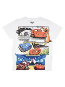 YK Disney Boys White Cars Printed Round Neck T-shirt