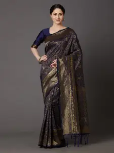 Mitera Gold-Toned & Navy Blue Silk Blend Woven Design Banarasi Saree
