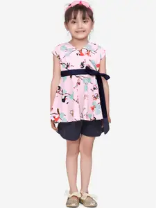 LilPicks Girls Pink & Navy Blue Printed Top with Shorts