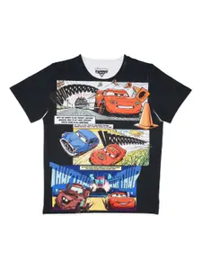 YK Disney Boys Black Cars Printed Round Neck T-shirt
