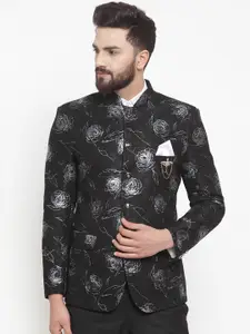 LUXURAZI Men Black & Grey Floral Printed Slim-Fit Bandhgala Party Blazer