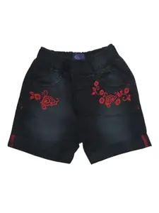 KiddoPanti Girls Black Printed Regular Fit Denim Shorts