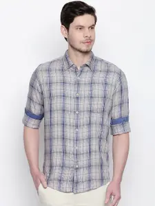 Basics Men Khaki & Navy Blue Slim Fit Checked Casual Shirt