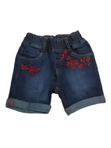 KiddoPanti Girls Navy Blue Printed Denim Shorts