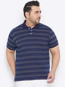 bigbanana Plus Size Men Navy Blue Striped Polo Collar Bio-Finish Pure Cotton T-shirt