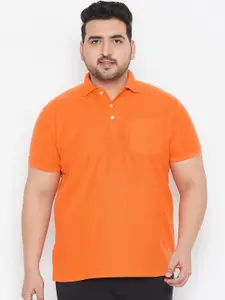 bigbanana Plus Size Men Orange Solid Polo Collar Bio Finish T-shirt