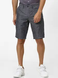 Celio Men Navy Blue Striped Regular Fit Regular Linen Cotton Sustainable Shorts
