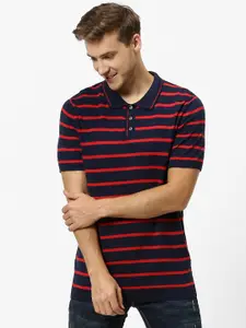 Celio Men Navy Blue Striped Polo Collar Pure Cotton T-shirt