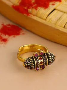 Voylla Gold-Plated Pink & Red Oxidised Stone Studded Adjustable Finger Ring