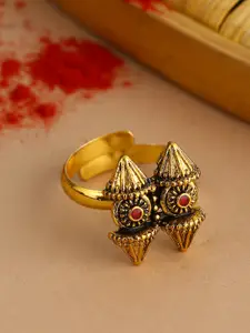 Voylla Oxidized Gold-Plated & Red Stone Studded Adjustable Statement Finger Ring