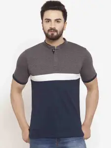Kalt Men Navy Blue & Grey Colourblocked Mandarin Collar T-shirt