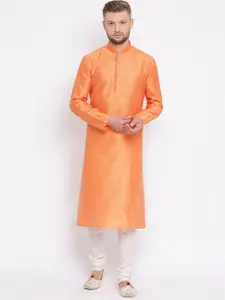 Sanwara Men Orange & White Self Design Kurta with Churidar