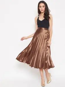 Uptownie Lite Women Brown Satin Pleated Midi Skirt