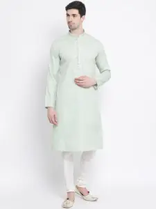 Sanwara Men Sea Green & White Self Design Kurta with Churidar