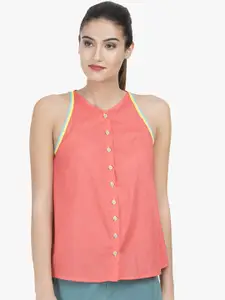 GRASS by Gitika Goyal Women Coral Pink Solid Pure Cotton Top