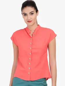 GRASS by Gitika Goyal Women Coral Pink Solid Shirt Style Pure Cotton Top