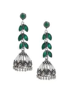 Bamboo Tree Jewels Green & Silver-Toned Dome Shaped Jhumkas