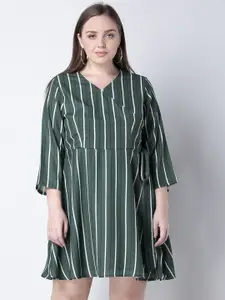FabAlley Curve Plus Size Women Green Striped Wrap Dress
