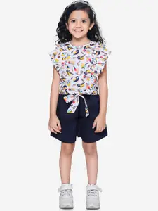 LilPicks Girls White Printed Top with Navy Blue Shorts