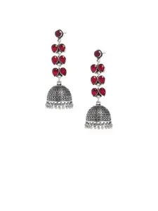 Bamboo Tree Jewels Red & Silver-Toned Handcrafted Dome Shaped Jhumkas