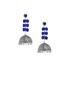 Bamboo Tree Jewels Silver-Toned & Blue Dome Shaped Jhumkas