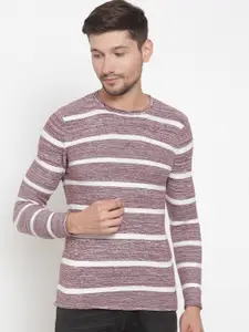 KLOTTHE Men Burgundy & White Striped Pullover Sweater