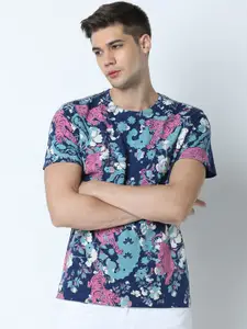 Huetrap Men Blue Floral Printed Cotton T-shirt