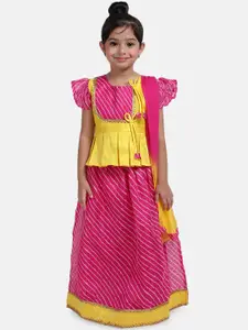BownBee Girls Pink & Yellow Printed Ready to Wear Lehenga & Blouse with Dupatta