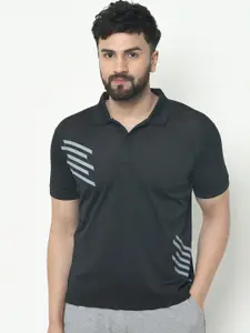 ARMISTO Men Black & Grey Striped Polo Collar Dri-FIT T-shirt