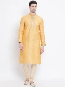 Sanwara Men Orange & Gold-coloured Self Design Kurta with Churidar