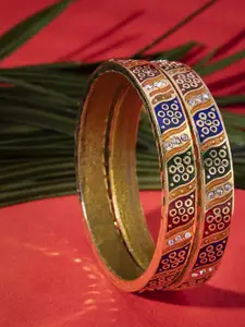 Mali Fionna Set of 2 Gold-Toned & Red Enamelled Stone-Studded Bangles