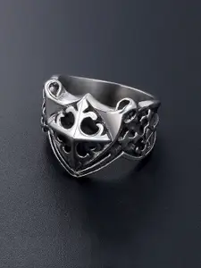 Yellow Chimes Men Rhodium-Plated Silver-Toned & Black Pirate Symbol Stainless Steel Finger Ring