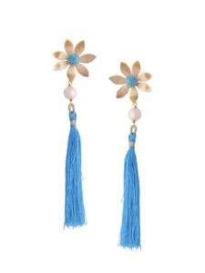 Tistabene Turquoise Blue & Gold-Plated Tasselled Floral Drop Earrings