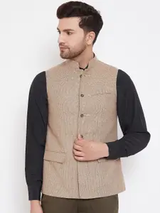 Spirit Men Beige Woven Design Nehru Jacket