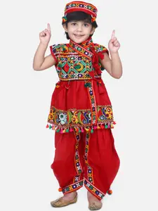 BownBee Boys Red & Green Embroidered Kurta with Dhoti Pants