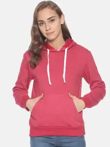 Campus Sutra Women Coral Red Solid Hooded Sweatshirt