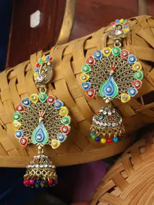 ANIKAS CREATION Gold Plated Blue Peacock Shaped Jhumkas