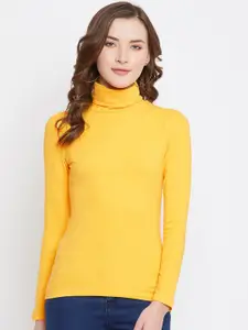 Hypernation Women Yellow Solid High Neck T-shirt