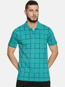 Kryptic Men Sea Green & Black Checked Polo Collar T-shirt