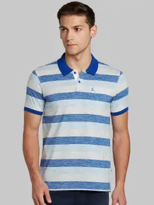 Parx Men Blue & White Striped Polo Collar T-shirt