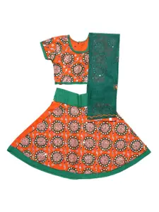 YK Girls Orange & Green Embellished Ready to Wear Lehenga & Blouse with Dupatta